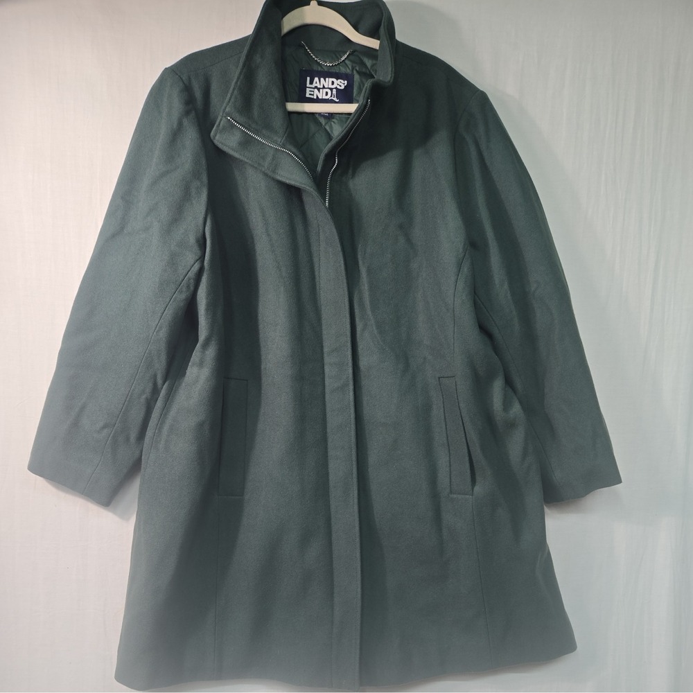 Lands' End Wool Blend Pea Coat Women's 22W Full Zip Green Mock Neckline Pockets